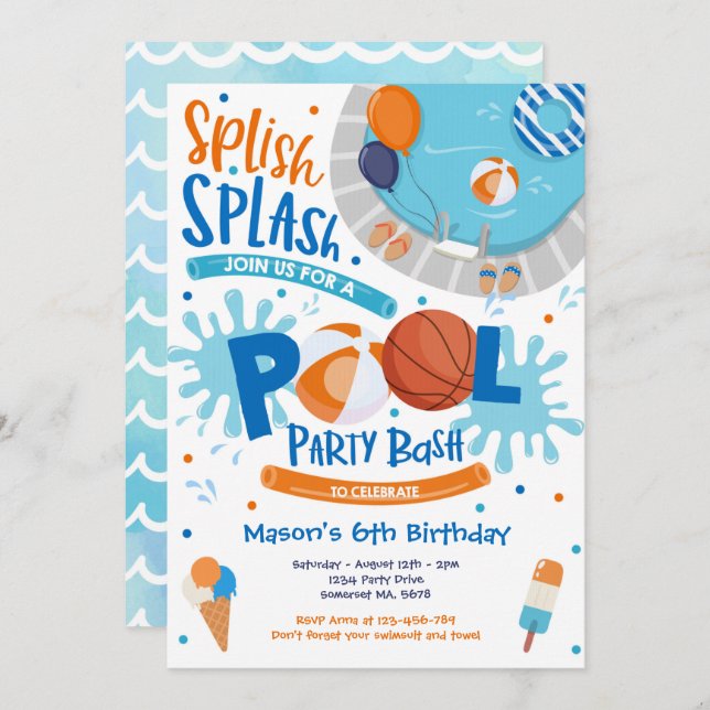 Basketball Pool Party Splish Splash Pool Birthday Invitation (Front/Back)