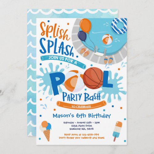 Basketball Pool Party Splish Splash Pool Birthday Invitation