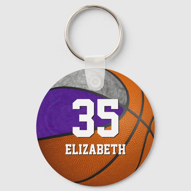 basketball purple gray girls school team colors keychain (Front)