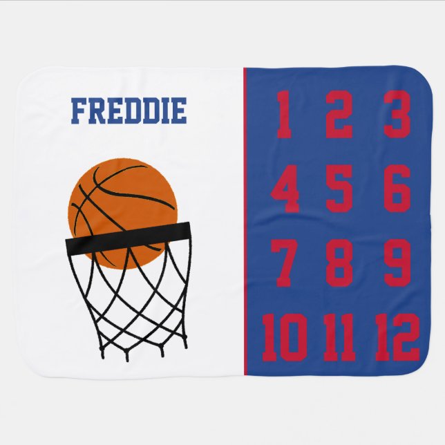 Basketball Red Blue Black White Custom Milestone Baby Blanket (Horizontal)