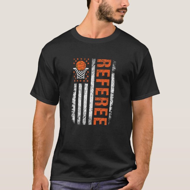 Basketball Referee American Flag Sports Officials  T-Shirt (Front)