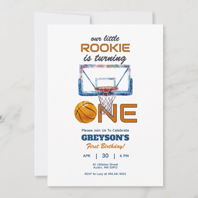Basketball Rookie 1st Birthday Invitation (Front)