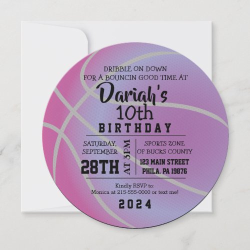 BASKETBALL ROUND Birthday Party PURPLE Invitation