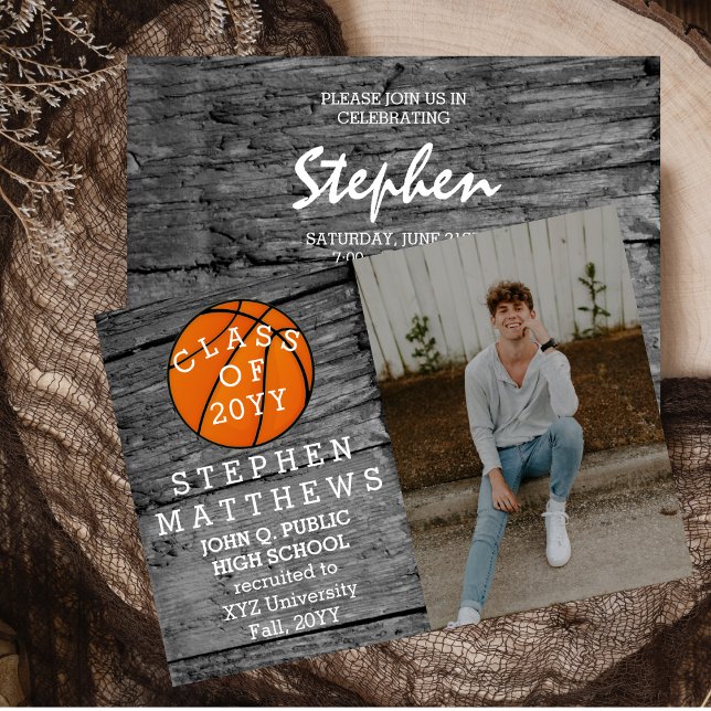 Basketball Rustic Photo Graduation Announcement (Rustic Barnwood Basketball Player Photo Graduation Announcement and Party Invitation -Print Digital)