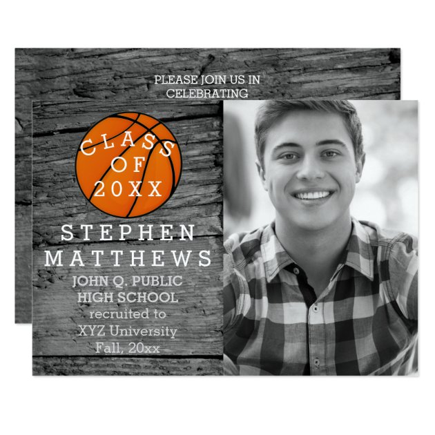 Basketball Rustic Photo Graduation Announcement (front side)