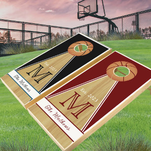 Basketball Rustic Wood Monogram Red and Black Cornhole Set