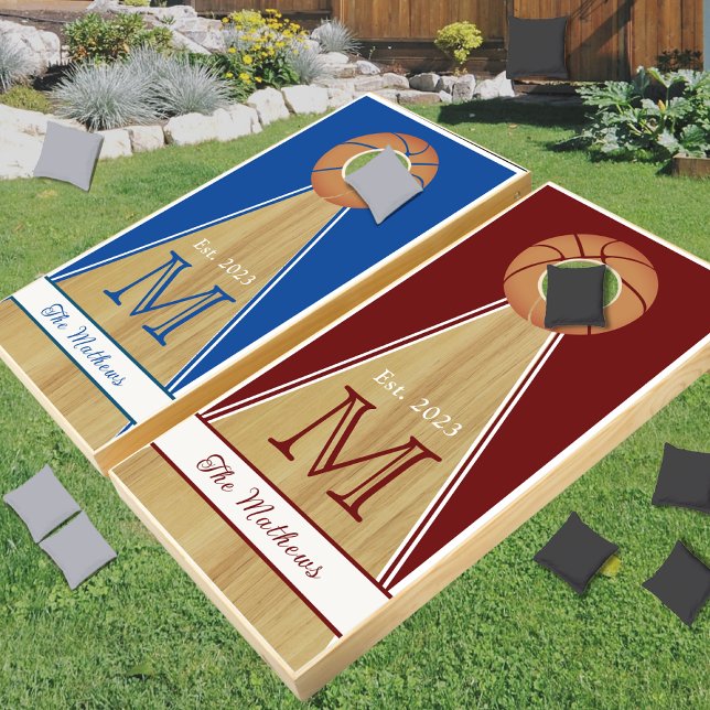  Basketball Rustic Wood  Monogram Red White Blue Cornhole Set (Creator Uploaded)