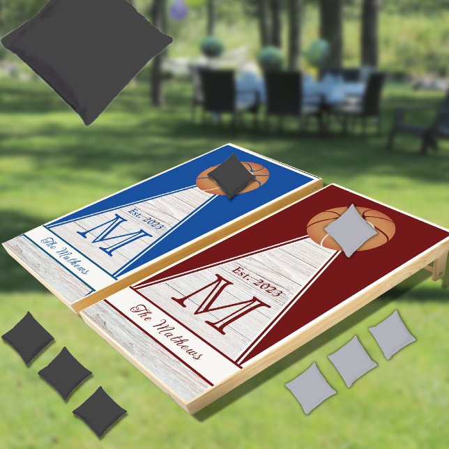  Basketball Rustic Wood  Monogram Red White Blue  Cornhole Set (Creator Uploaded)