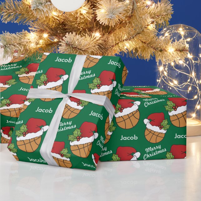Basketball Santa Hat on Green Background Wrapping Paper (Holidays)