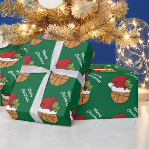 Basketball Santa Hat on Green Background Wrapping Paper