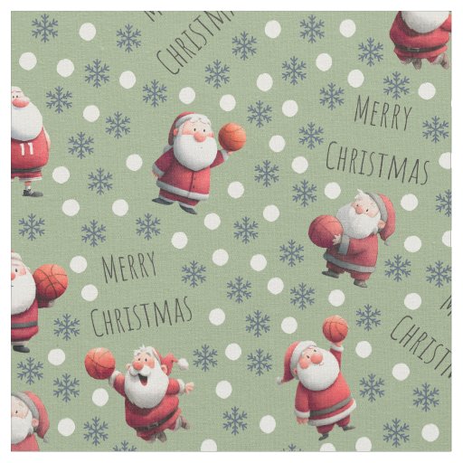Basketball Santa on Olive Green Fabric