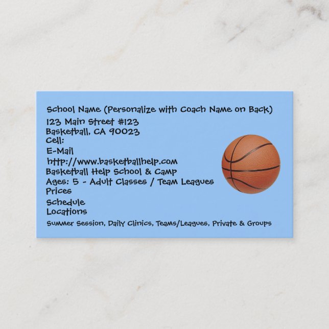 Basketball, School Name (Personalize with Coach... Business Card (Front)
