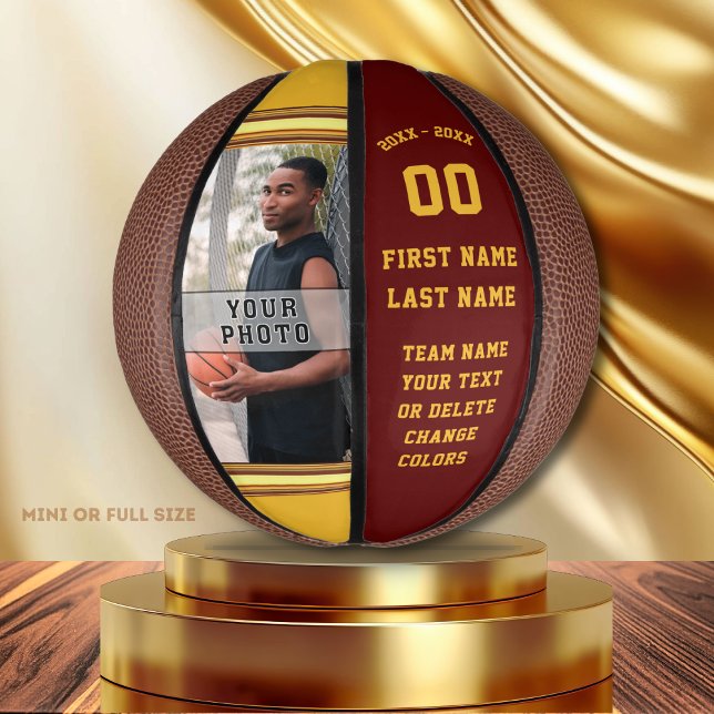 Basketball Senior Night Gifts, Mini Basketballs (Custom mini basketball with photo. Maroon and Gold Basketball. Personalized Basketball team gifts.)