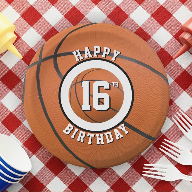 Basketball Sixteenth Bday Sweet 16 Happy Birthday Paper Plates (basketball 16th birthday paper plates)