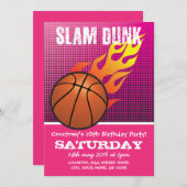 Basketball Slam Dunk Pink Kids Sports Birthday Invitation (Front/Back)