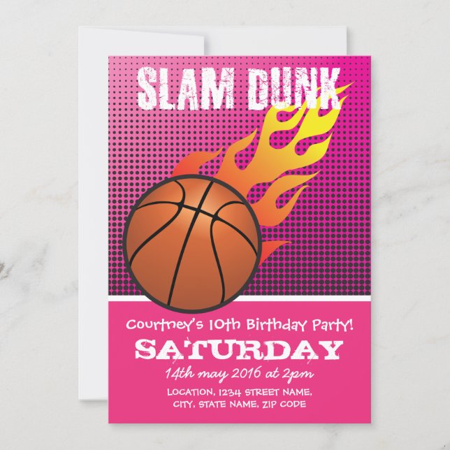 Basketball Slam Dunk Pink Kids Sports Birthday Invitation (Front)