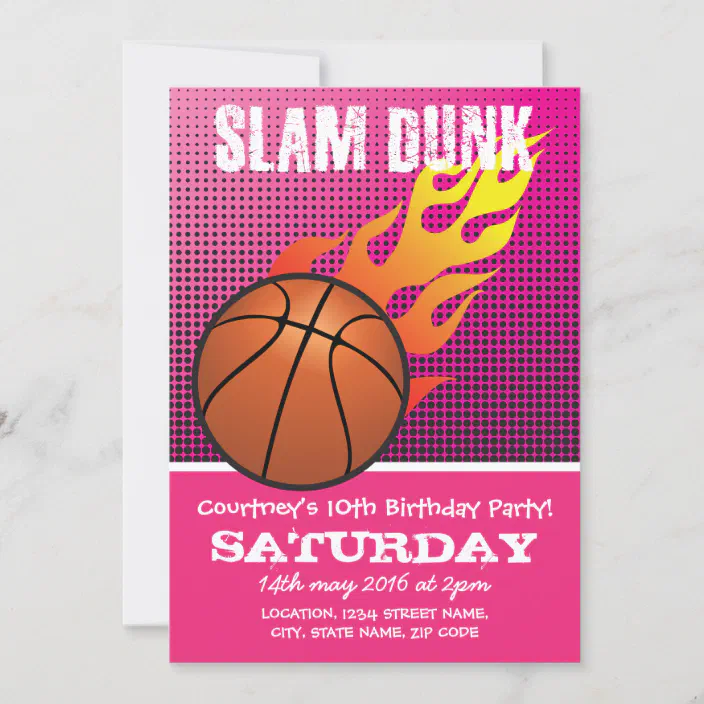 Basketball Slam Dunk Pink Kids Sports Birthday Invitation Zazzle Com