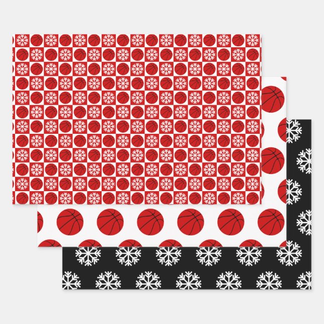 Basketball & Snowflake Red Black & White Christmas Wrapping Paper Sheets (Set)