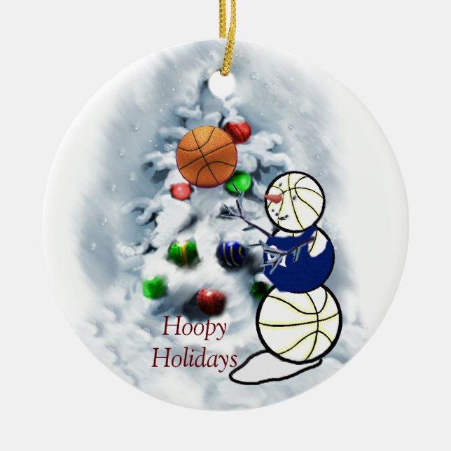 Basketball Snowman Christmas Ceramic Ornament (Front)