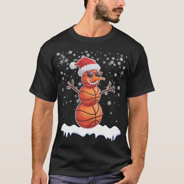 Basketball Snowman Christmas Santa Hat Snowflakes  T-Shirt (Front)