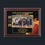 Basketball Sponsor Gift – Custom Team Appreciation Award Plaque<br><div class="desc">Honor your basketball team’s sponsor with this striking, customizable plaque. The bold flaming basketball background highlights a framed team photo, editable player roster, and personalized sponsor name and year. Perfect for youth basketball leagues, school tournaments, or end-of-season banquets, this plaque is a memorable way to say thank you. Both text...</div>