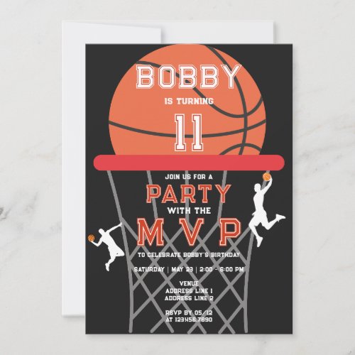 Basketball Sport Jumpman Theme Black MVP Birthday Invitation