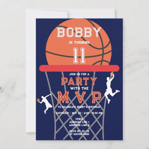 Basketball Sport Jumpman Theme Navy MVP Birthday Invitation