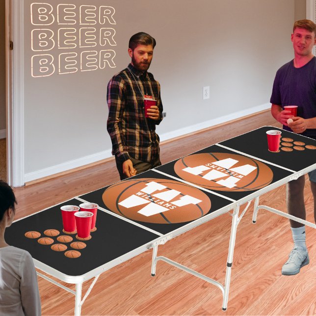 Basketball Sport Orange & Black Name Monogram Beer Pong Table (Basketball Sport Orange & Black Name Monogram Beer Pong Table)