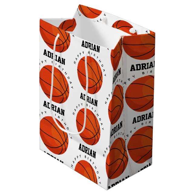 Basketball Sports Birthday Party Personalized Name Medium Gift Bag (Front Angled)