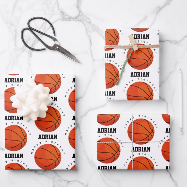 Basketball Sports Birthday Party Personalized Name Wrapping Paper Sheets (Front)