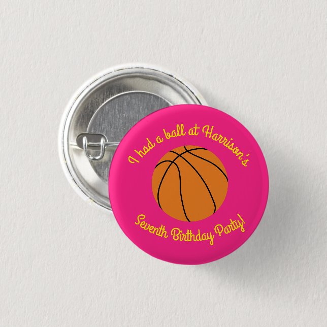 Basketball Sports Birthday Party Pink Button (Front & Back)