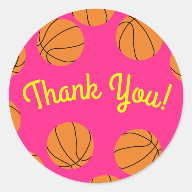 Basketball Sports Birthday Party Pink Thank You Classic Round Sticker (Front)