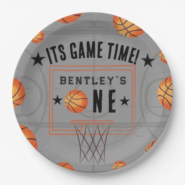 Basketball Sports First Birthday Paper Plates (Front)
