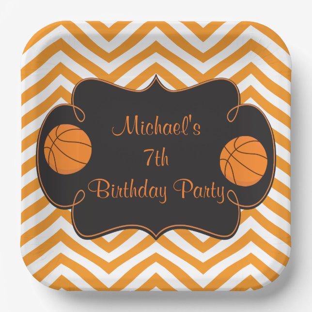 Basketball Sports Orange Birthday Paper Plates (Front)