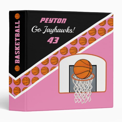 Basketball Sports Pink Pattern Name Team Number 3 Ring Binder