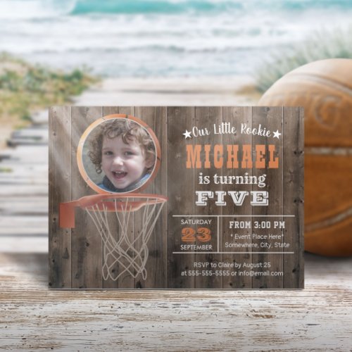 Basketball Sports Rustic Wood Photo Birthday Invitation
