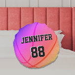 Basketball Sports Team custom name number pink Round Pillow<br><div class="desc">Basketball Sports Team Personalized Round Pillow Photo and design by Sandy Closs Personalized round pillow with basketball picture. A great gift for your basketball team mate. Sports theme pillow for your family and friends. Nice and cool decoration for teenagers room. Team, coach, "march madness" , ball, court, number, hoop, net,...</div>