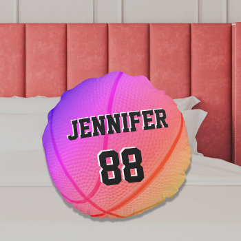 Basketball Sports Team Custom Name Number Pink Round Pillow by Sports_Gift at Zazzle
