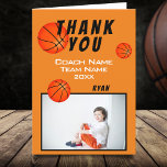 Basketball Sports Thank you Coach Card<br><div class="desc">Basketball thank you coach card with photo, thank you text, coach name, team name, year, your name and basketball balls. Inside the card are basketball balls. Photo thank you card - add your photo into the template. Personalize the card with names and your text. Great thank you card for the...</div>