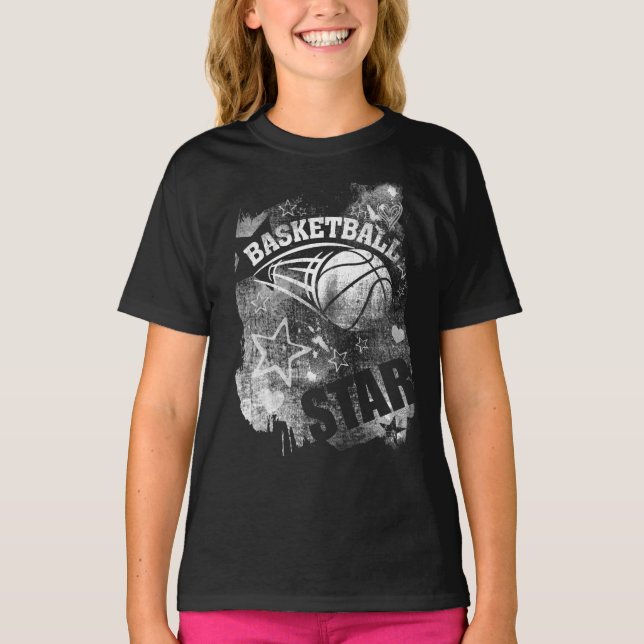 Basketball Star, Black Grunge Basketball T-Shirt (Front)