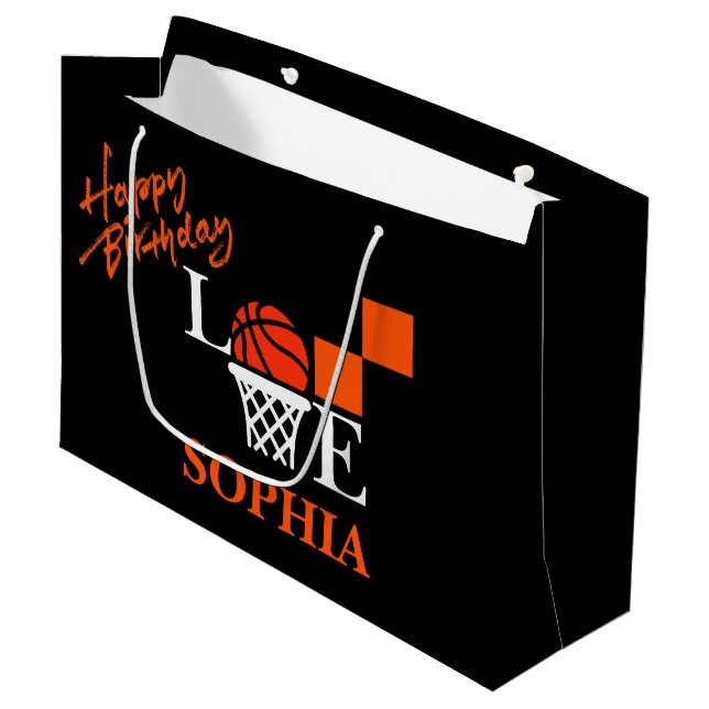 Basketball Swoosh Black Birthday Large Gift Bag (Front Angled)