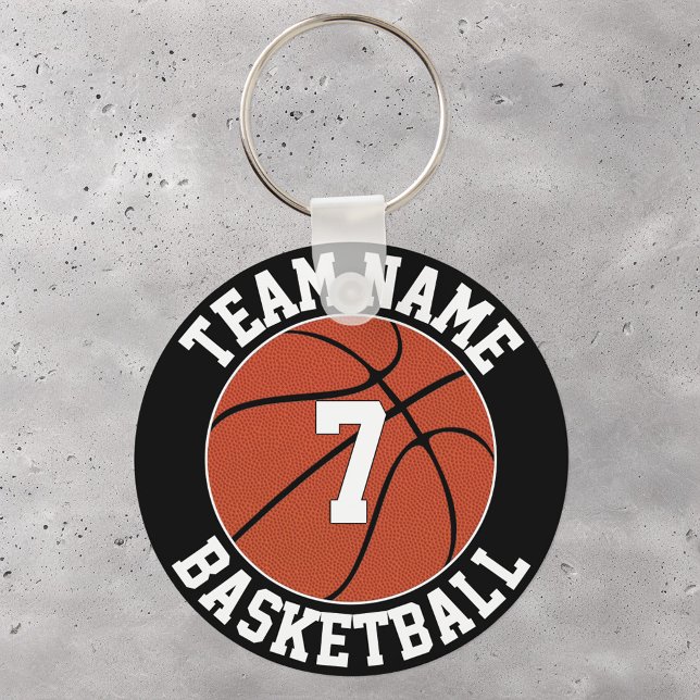 Basketball Team Name and Player Number Custom Keychain (Basketball keychain with custom team name and player jersey number.)