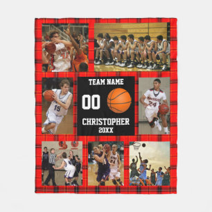 Basketball Team Photo Collage Red Tartan Fleece Blanket