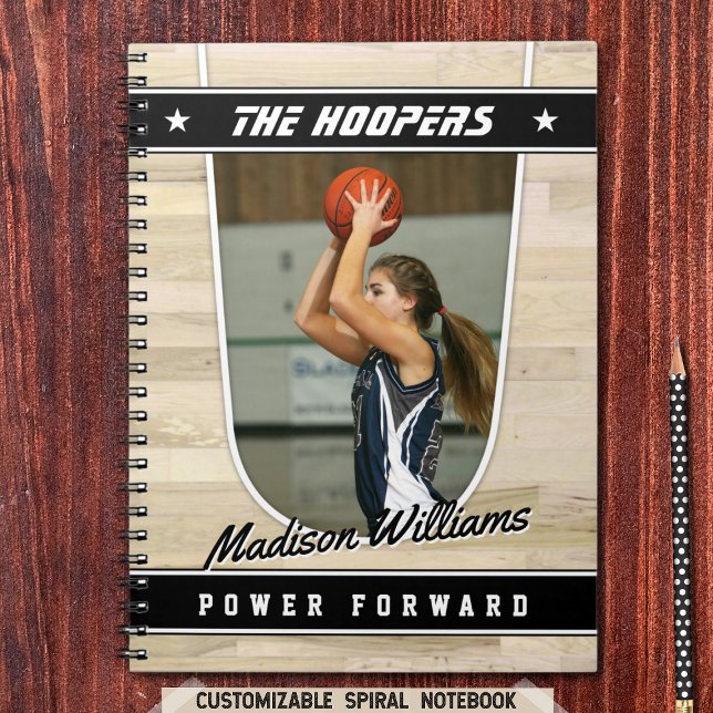 Basketball Team Player Keepsake In Black Spiral Notebook (Baketball Spiral Notebook with custom team name and player name with Black and white stripes)