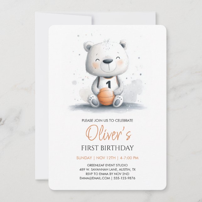 Basketball Teddy Bear First Birthday Invitation (Front)