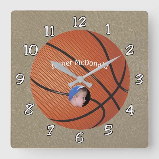 Basketball Textured Background photo personalize Square Wall Clock (Front)
