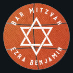 Basketball Theme Golf Bar Mitzvah Classic Round Sticker<br><div class="desc">Basketball themed Bar Mitzvah sticker with an orange basketball background and white accents. This basketball Bar Mitzvah sticker or envelope seal is stylish and modern. This basketball themed Bar Mitzvah sticker features a Jewish Star of David. The colors on this basketball themed Bar Mitzvah design are orange and white. Your...</div>