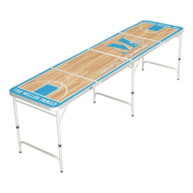 Basketball Themed Family Monogram Turquoise Court Beer Pong Table (Angled)