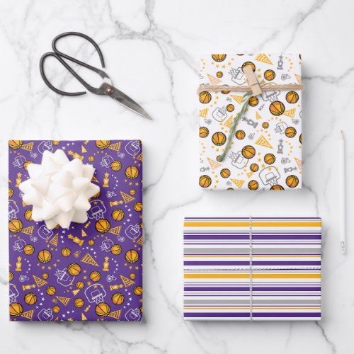 Basketball Themed Pattern Design Gold  Purple Wrapping Paper Sheets