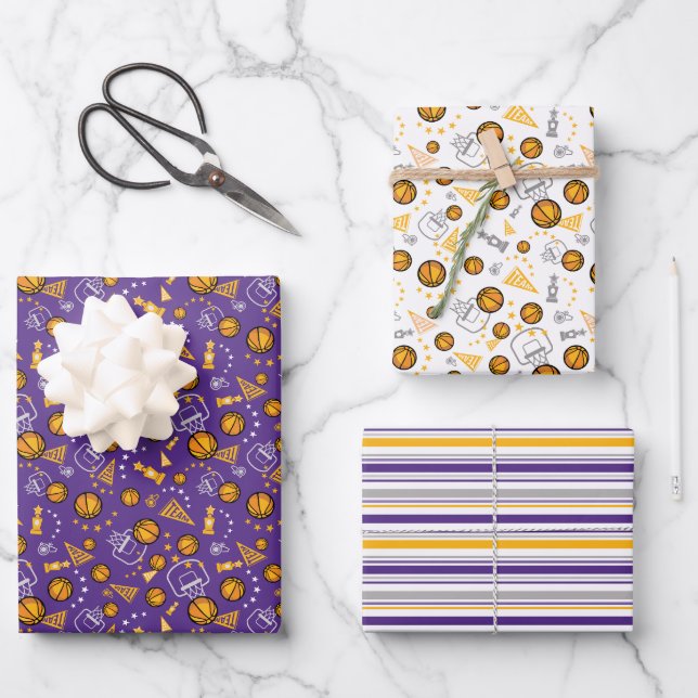 Basketball Themed Pattern Design Gold & Purple Wrapping Paper Sheets (Front)